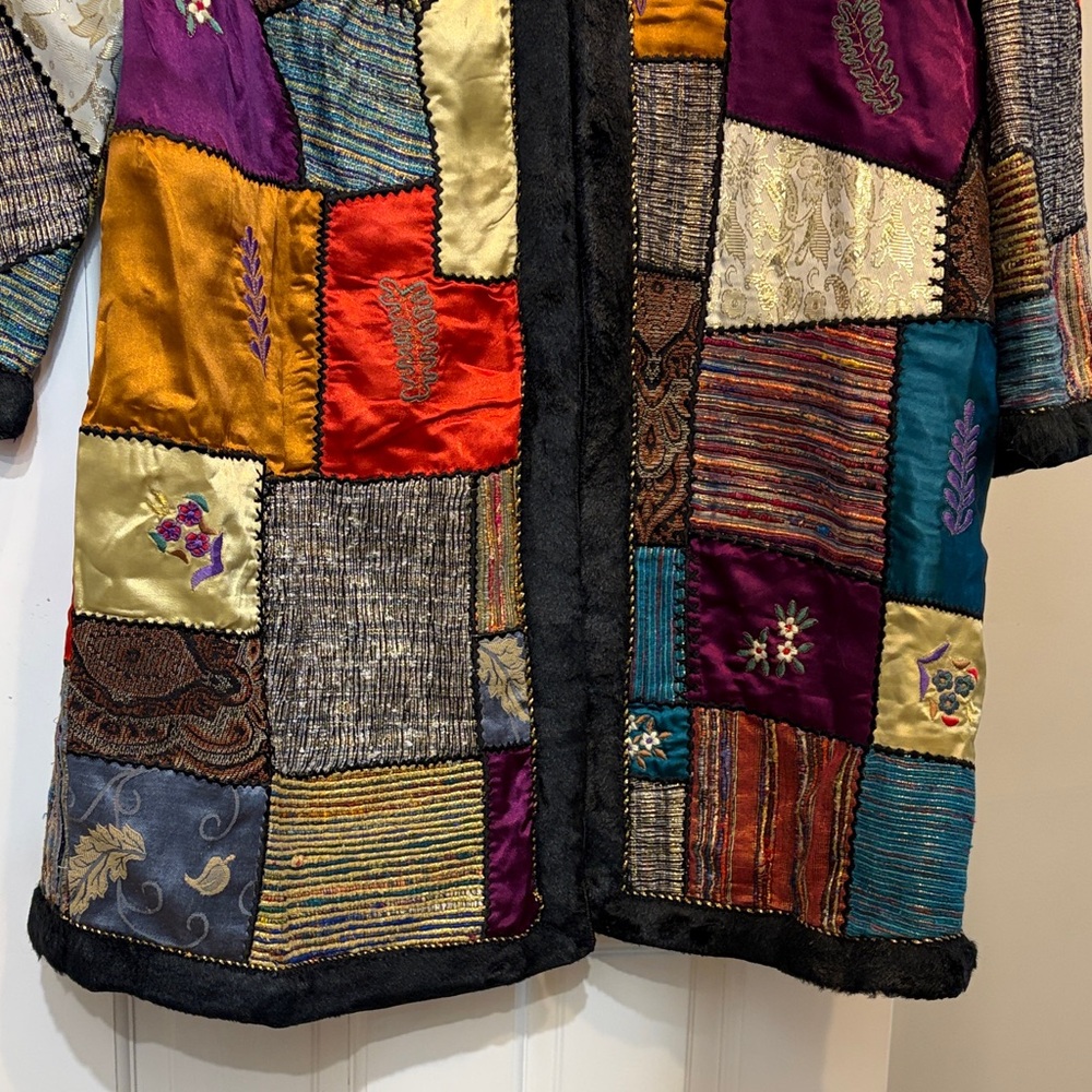 Vibrant Patchwork Vintage Mixed Media Coat - Art to Wear - Picture 10 of 15